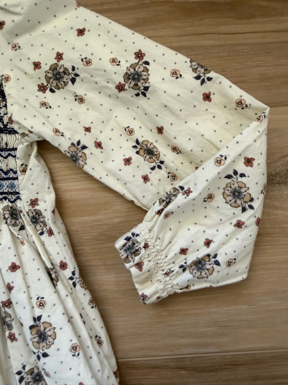 BAYBEE Cream Floral Smocked Long-Sleeve Kids Dress - Picture 3 of 10